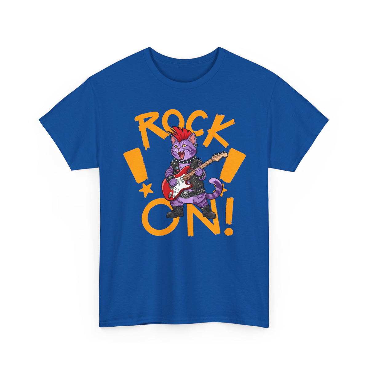 Rock On Punk Rock Cat T-Shirt — Purple Feline Mohawk Electric Guitar Tee