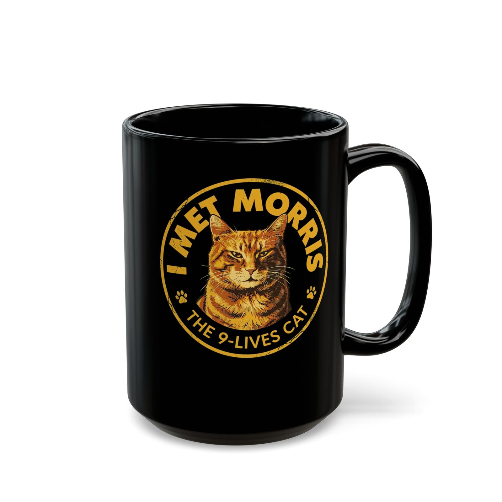 Cat Black Mug — "I Met Morris" 9-Lives Vintage Cat Graphic Mug