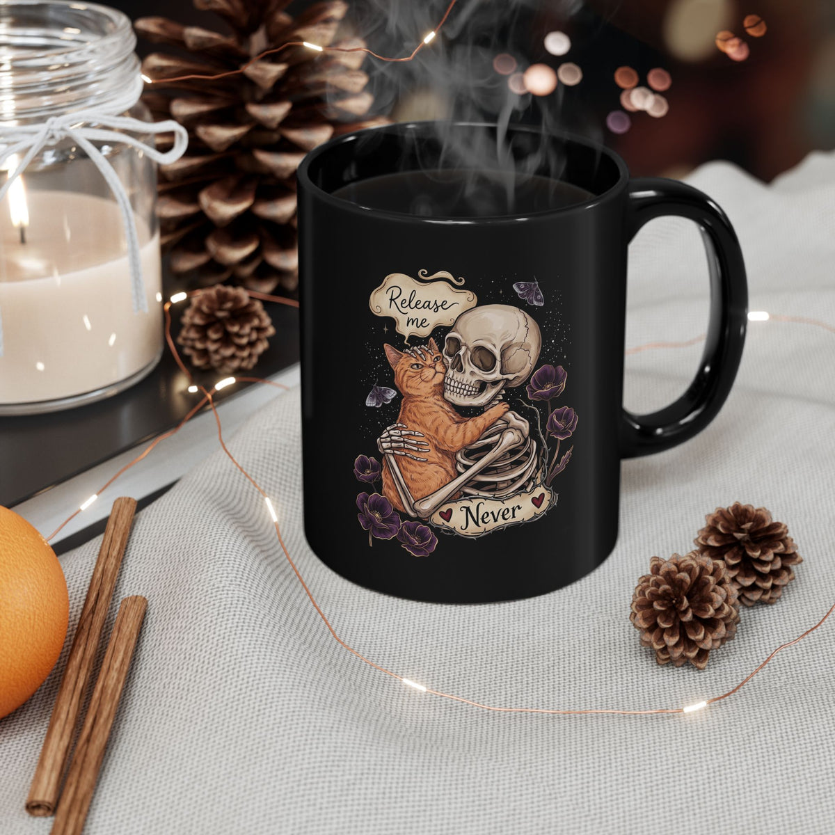 Funny Clingy Skeleton & Cat Black Mug — Dark Aesthetic Cat Mug