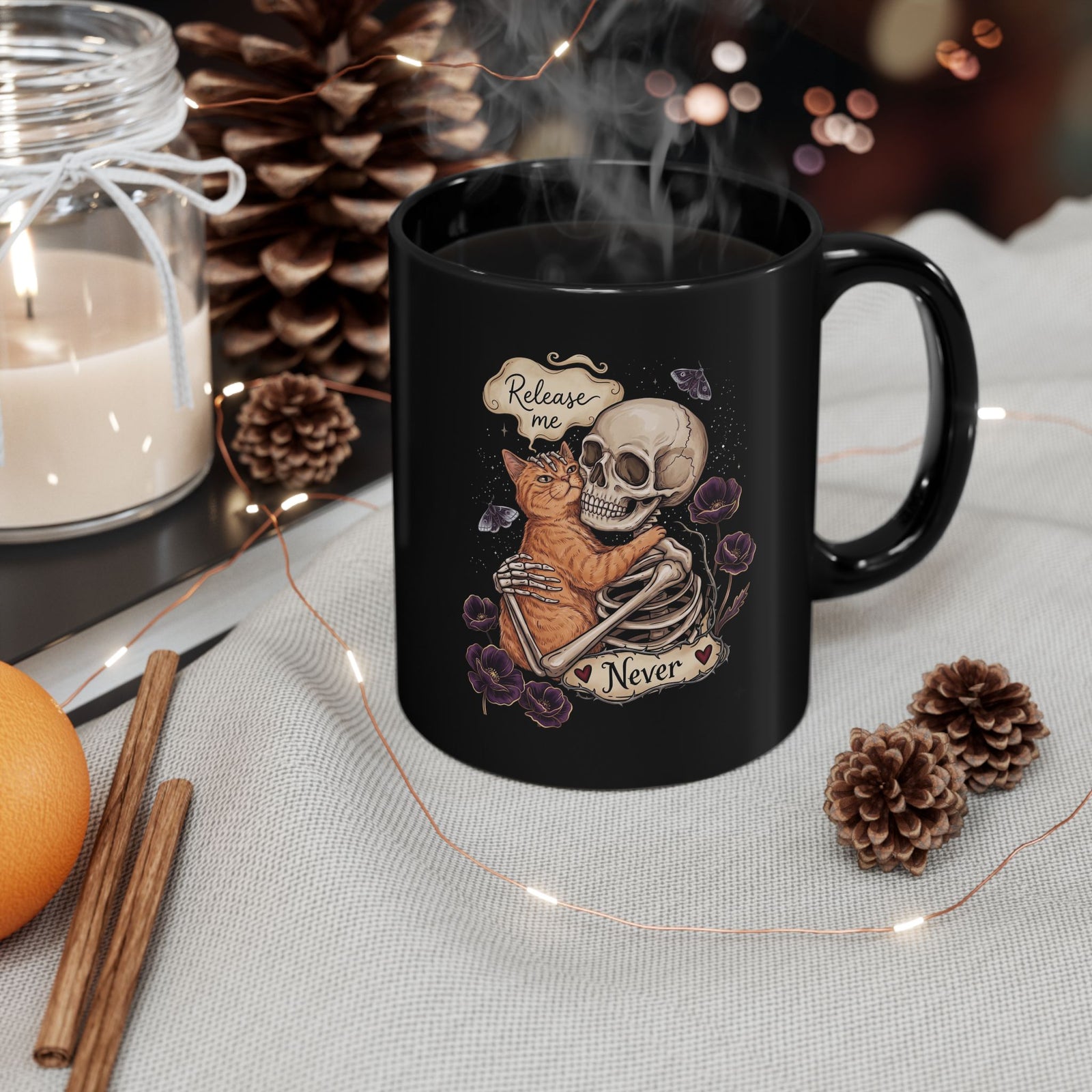 Funny Clingy Skeleton & Cat Black Mug — Dark Aesthetic Cat Mug