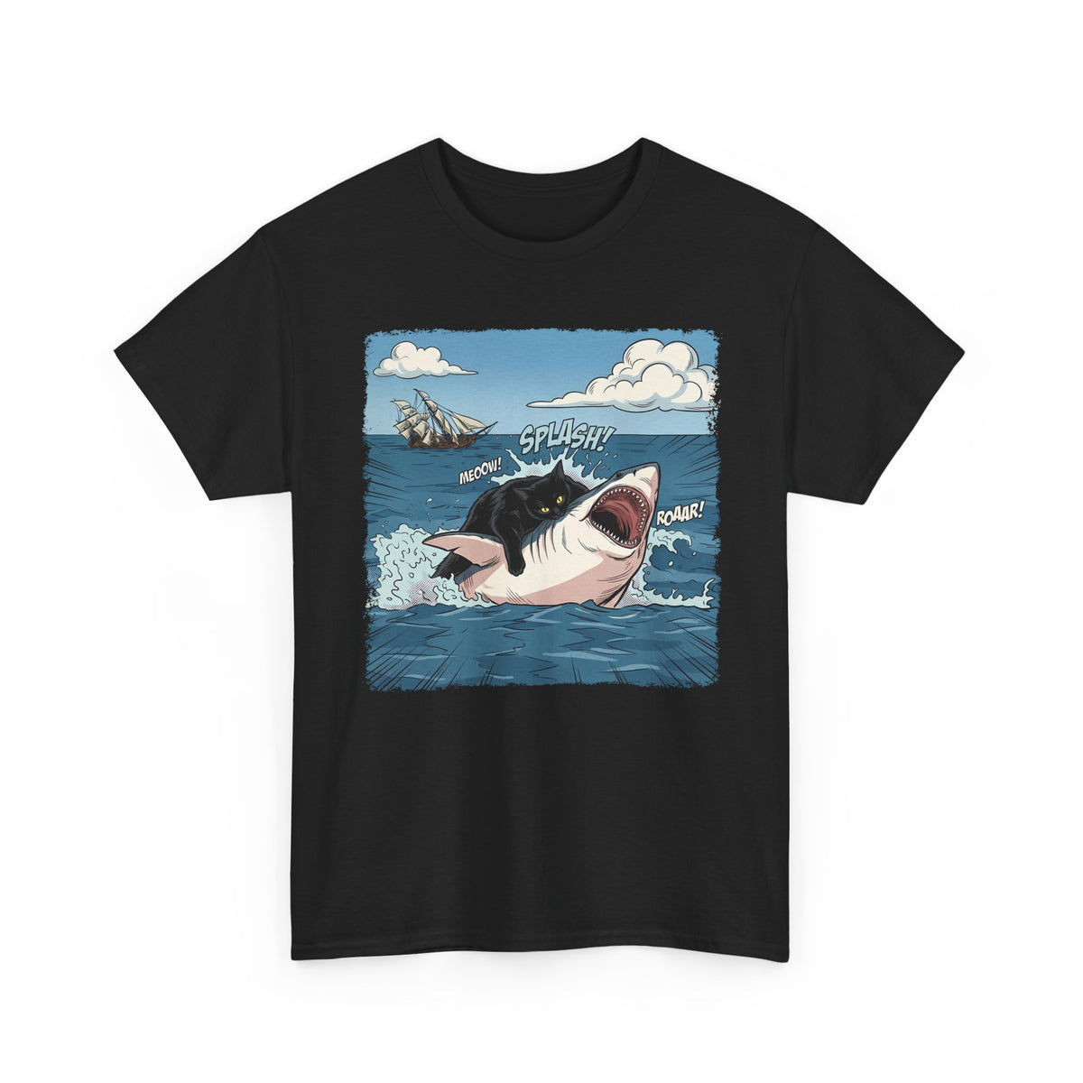 Black Cat Vs White Shark T-Shirt — Funny Comic Book Ocean Battle Tee