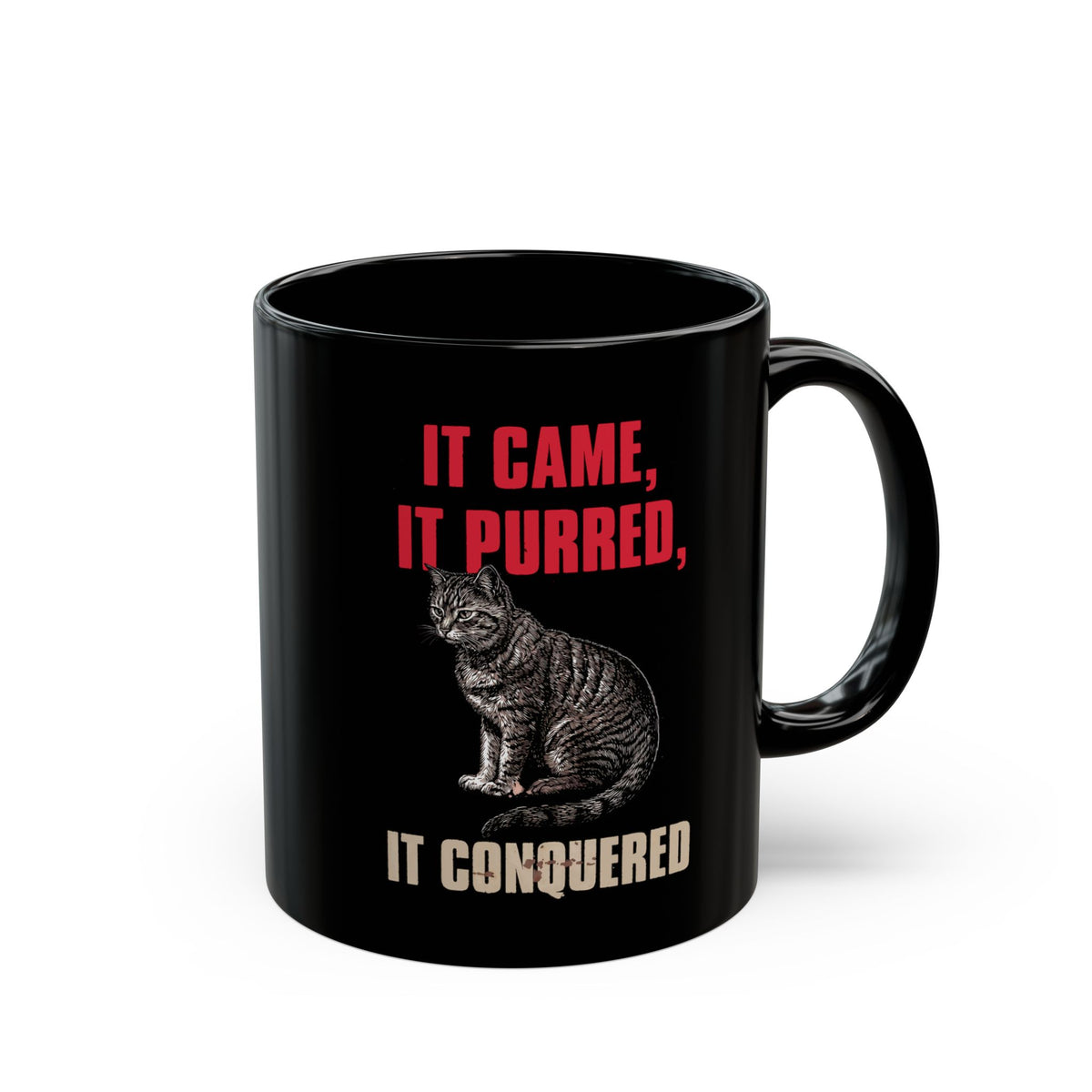 It Came It Purred It Conquered Black Mug — Funny Julius Caesar Cat Parody Mug
