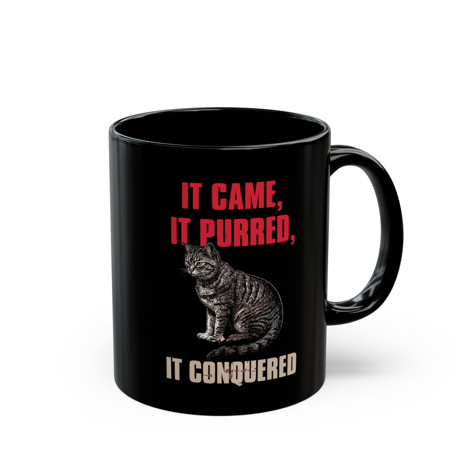 It Came It Purred It Conquered Black Mug — Funny Julius Caesar Cat Parody Mug
