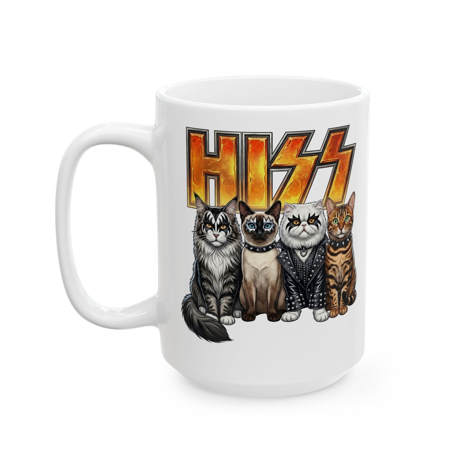 Heavy Metal Cat Hiss Ceramic Mug — Retro Rock Cat Graphic Mug