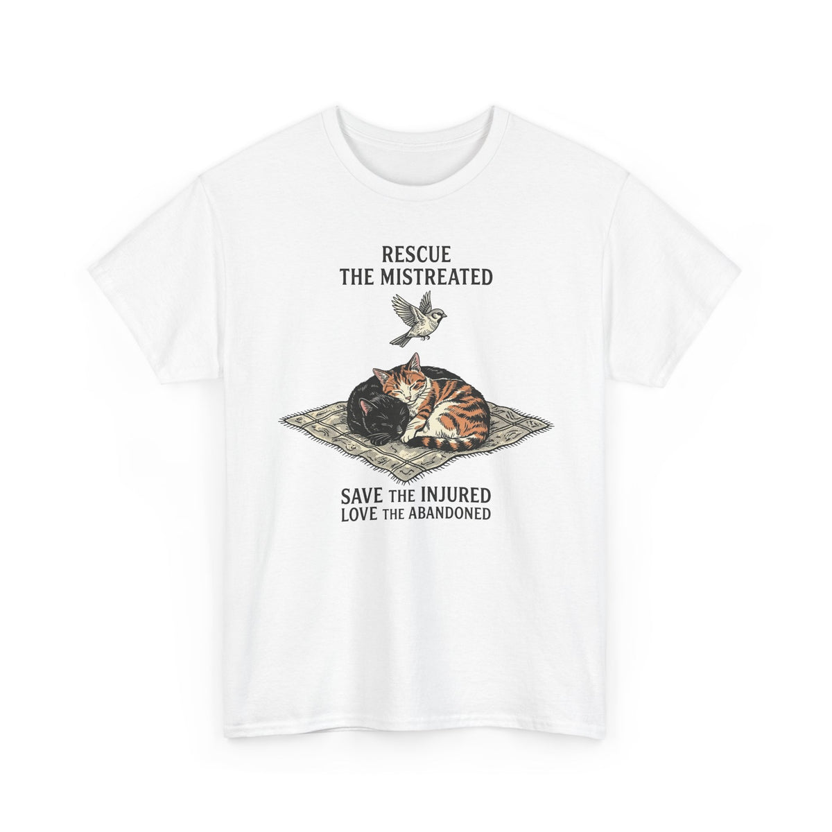 Cat Lover T-Shirt — "Rescue the Mistreated, Save the Injured, Love the Abandoned" Rescue Cat Tee