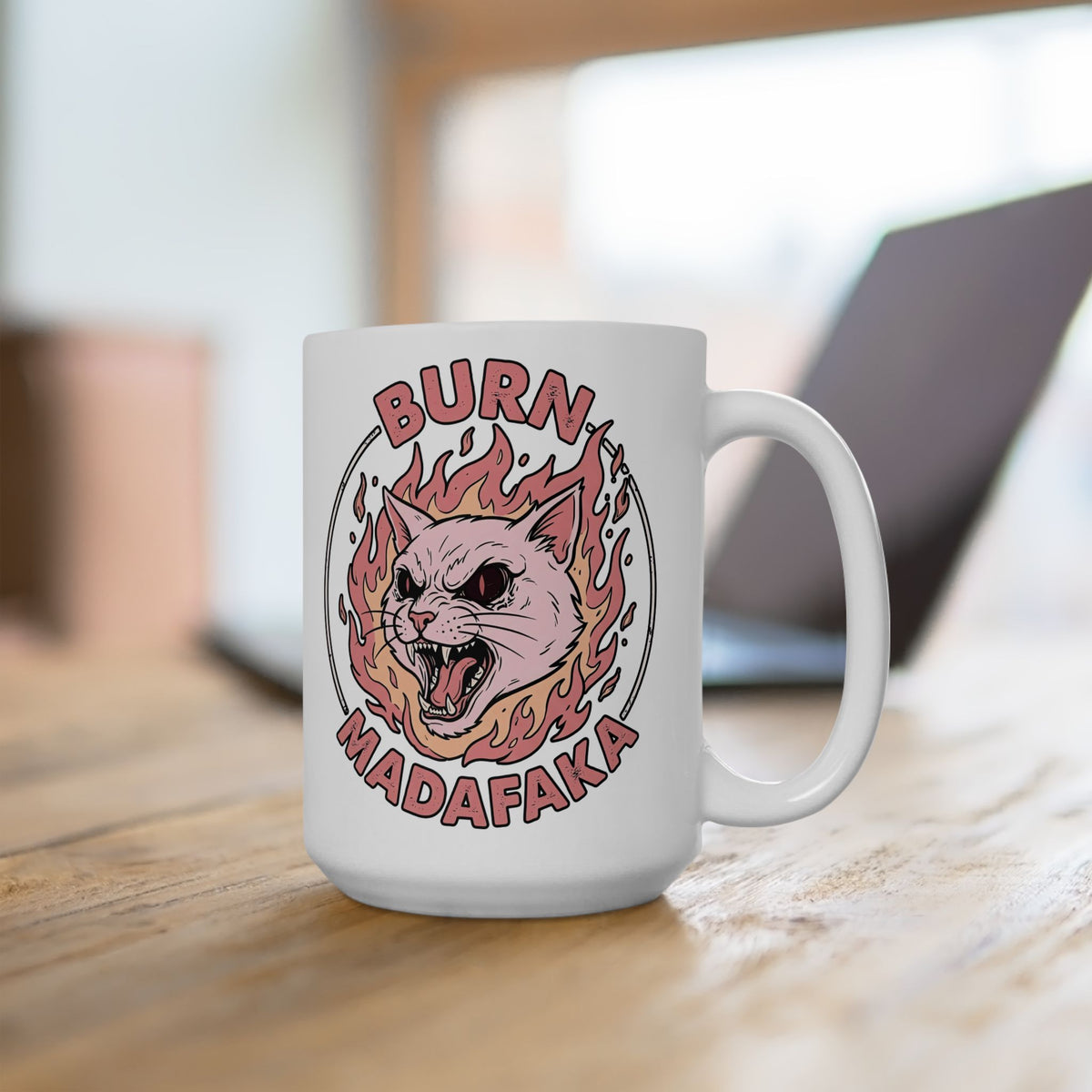 Funny Cat T‑Mug — "Burn Madafaka" Graphic Mug
