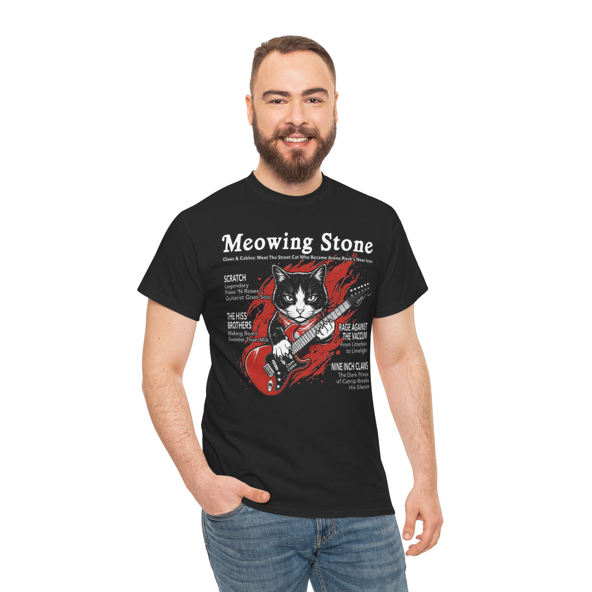 Meowing Stone Guitar Cat T-Shirt — Rock Band Cat Graphic Tee