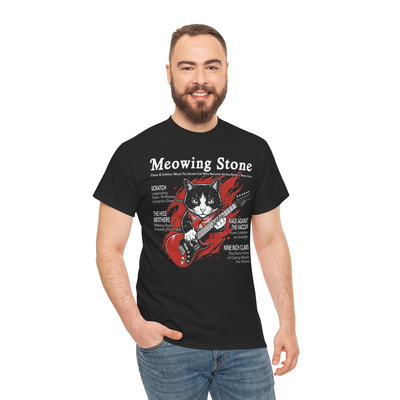 Meowing Stone Guitar Cat T-Shirt — Rock Band Cat Graphic Tee