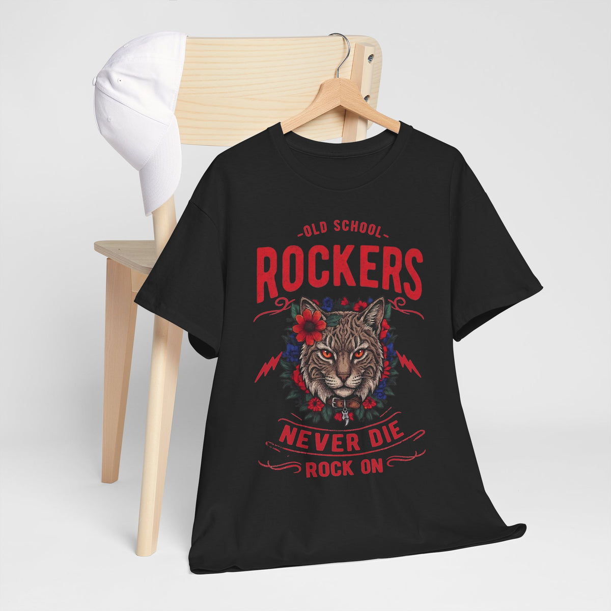 Old School Rockers Never Die Cat T-Shirt — Heavy Metal Rocker Feline Graphic Tee