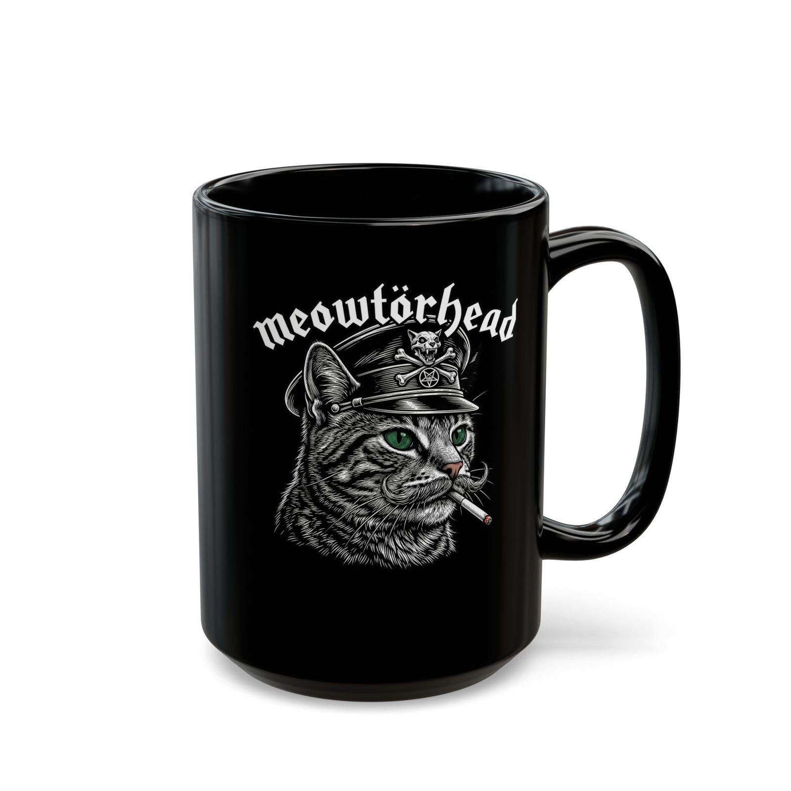 Meowtörhead Cat Band Mug — Retro Rock Cat Graphic Black Mug