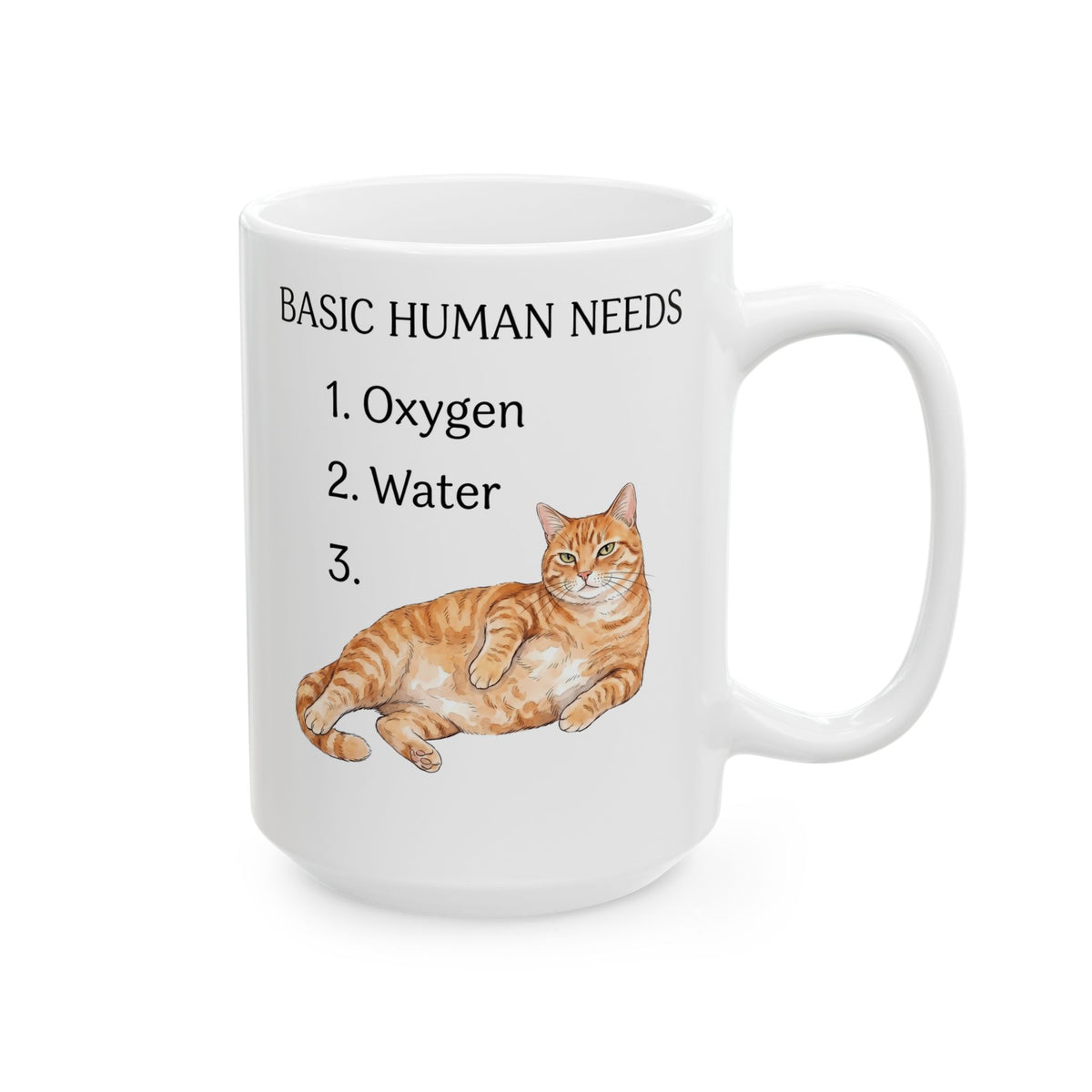 Basic Human Needs Orange Cat Ceramic Mug — Funny Sarcastic Tabby Mug