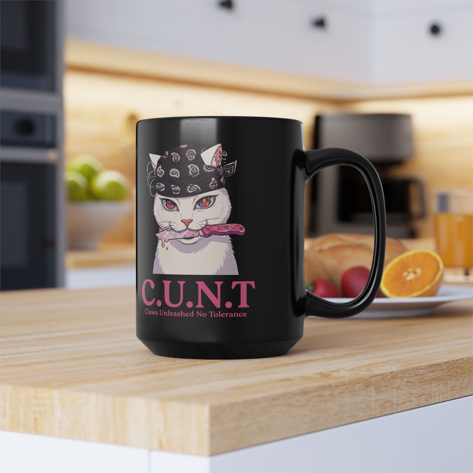 C.U.N.T Acronym Cat Black Mug — Sassy Feline Rebellious Streetwear