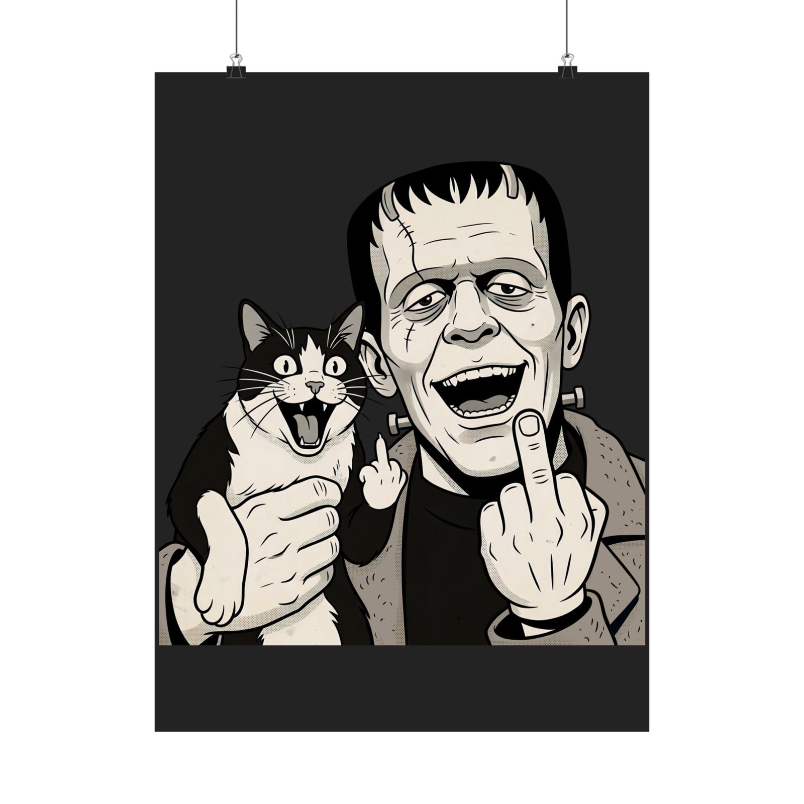 Frankenstein Cat T‑Poster — Cute Spooky Cat & Frankenstein Design