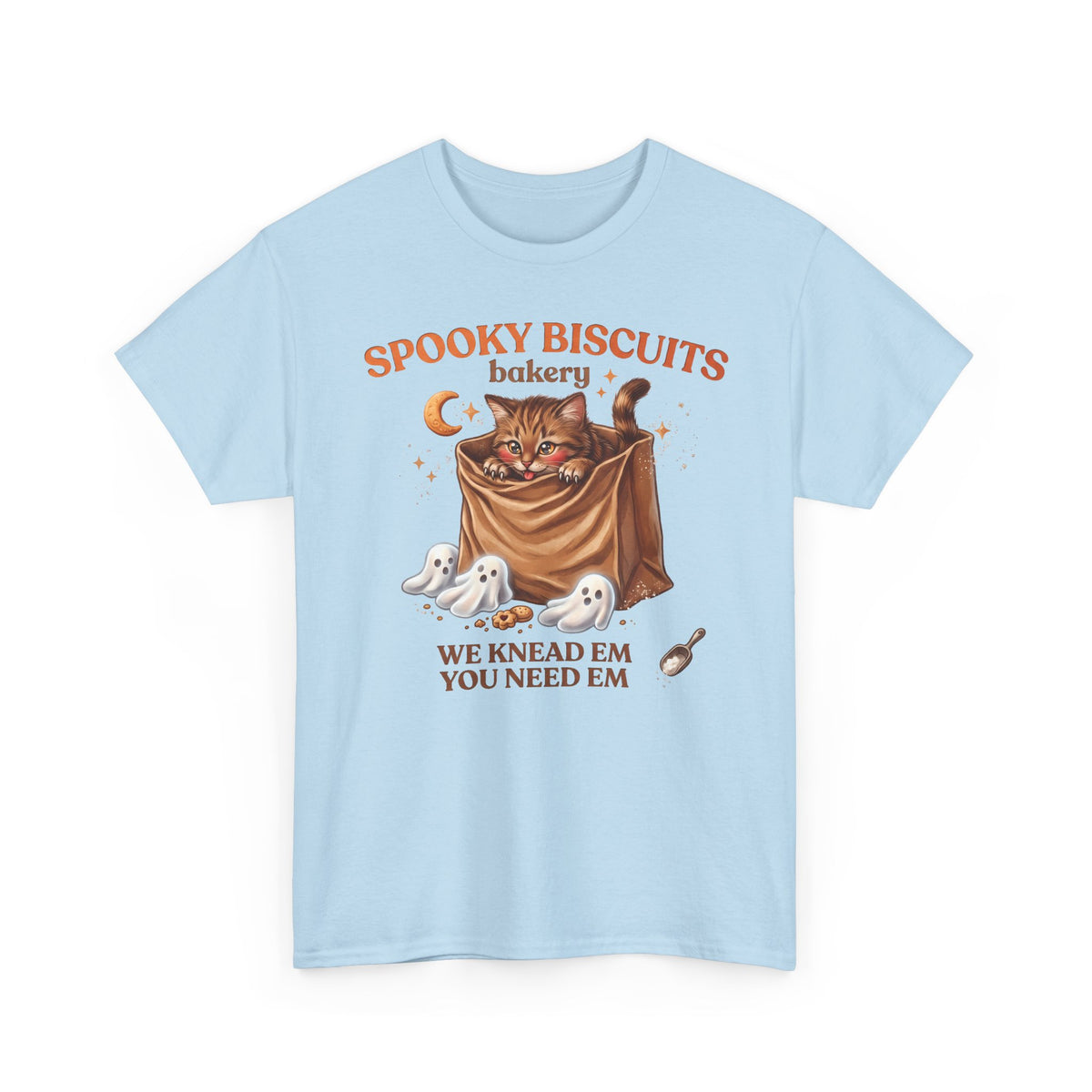 Spooky Biscuits Bakery Cute Tabby Cat T-Shirt — Whimsical Kneading Feline Tee