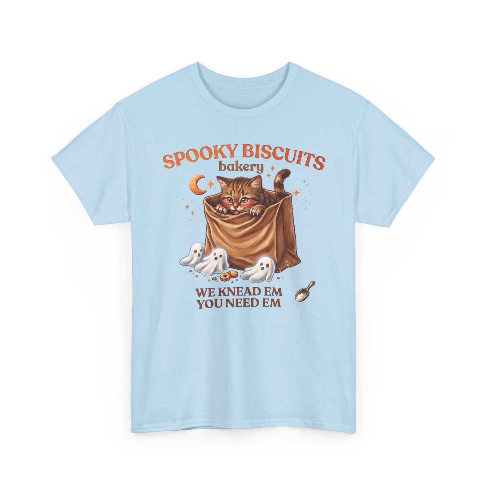 Spooky Biscuits Bakery Cute Tabby Cat T-Shirt — Whimsical Kneading Feline Tee