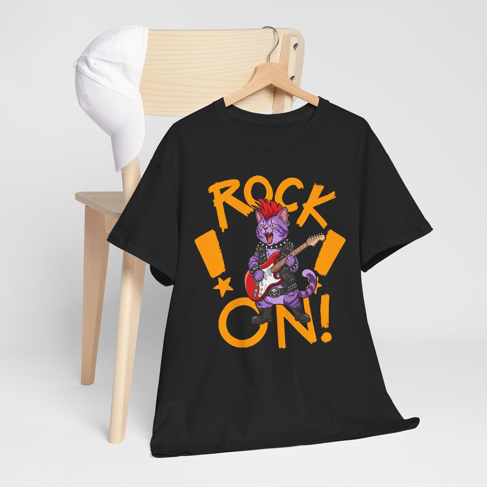 Rock On Punk Rock Cat T-Shirt — Purple Feline Mohawk Electric Guitar Tee