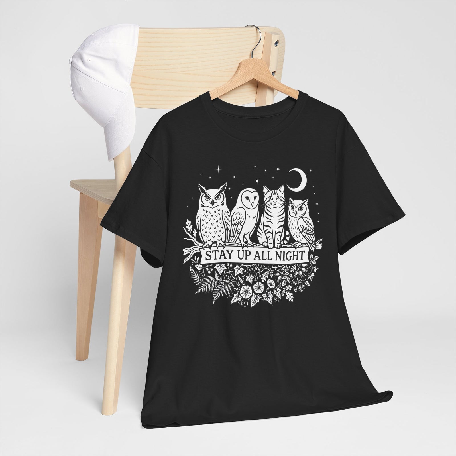 Cat Stays Up All Night T-Shirt — Cute Night Owl Cat Tee
