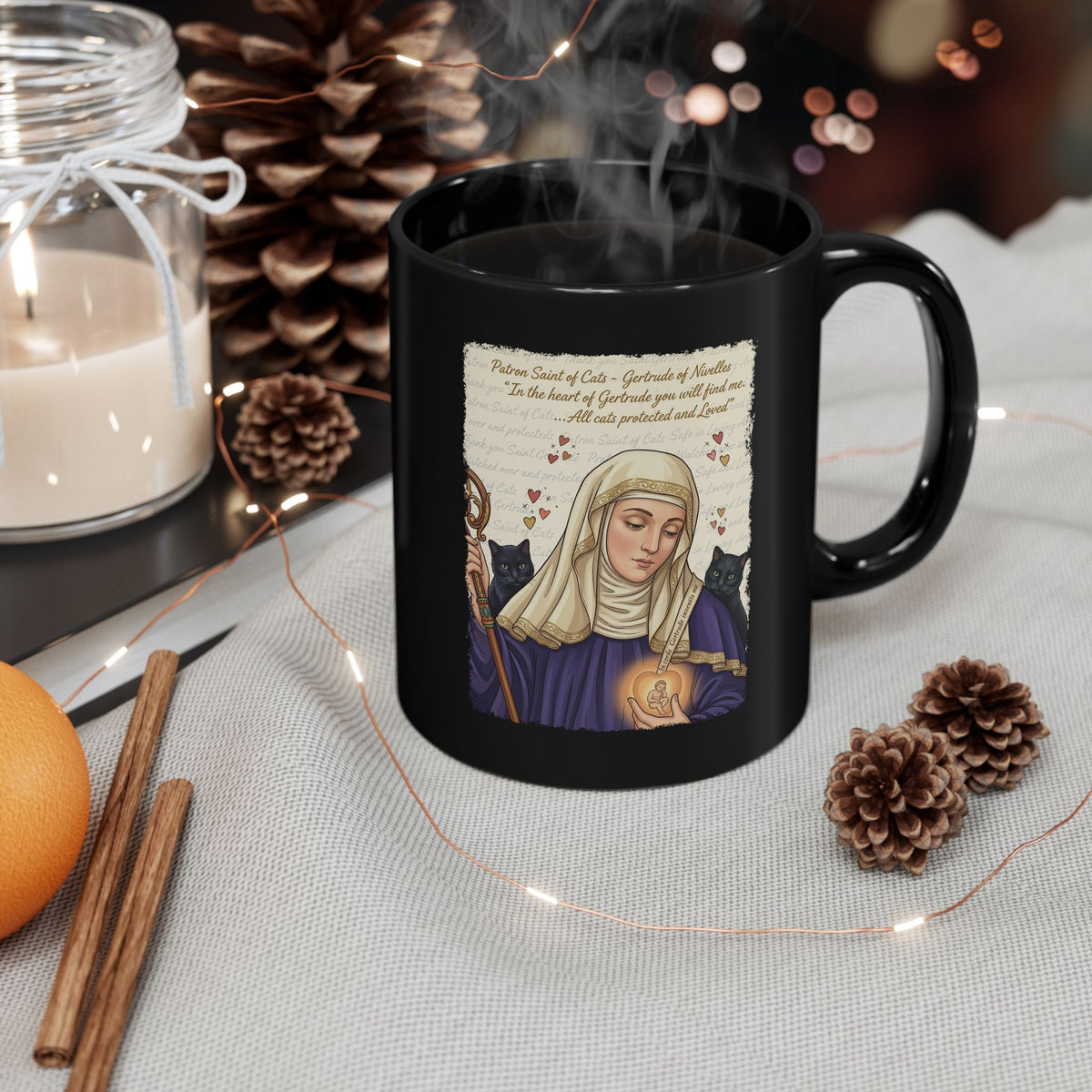 Gertrude of Nivelles "All Cats Protected and Loved" Black Mug