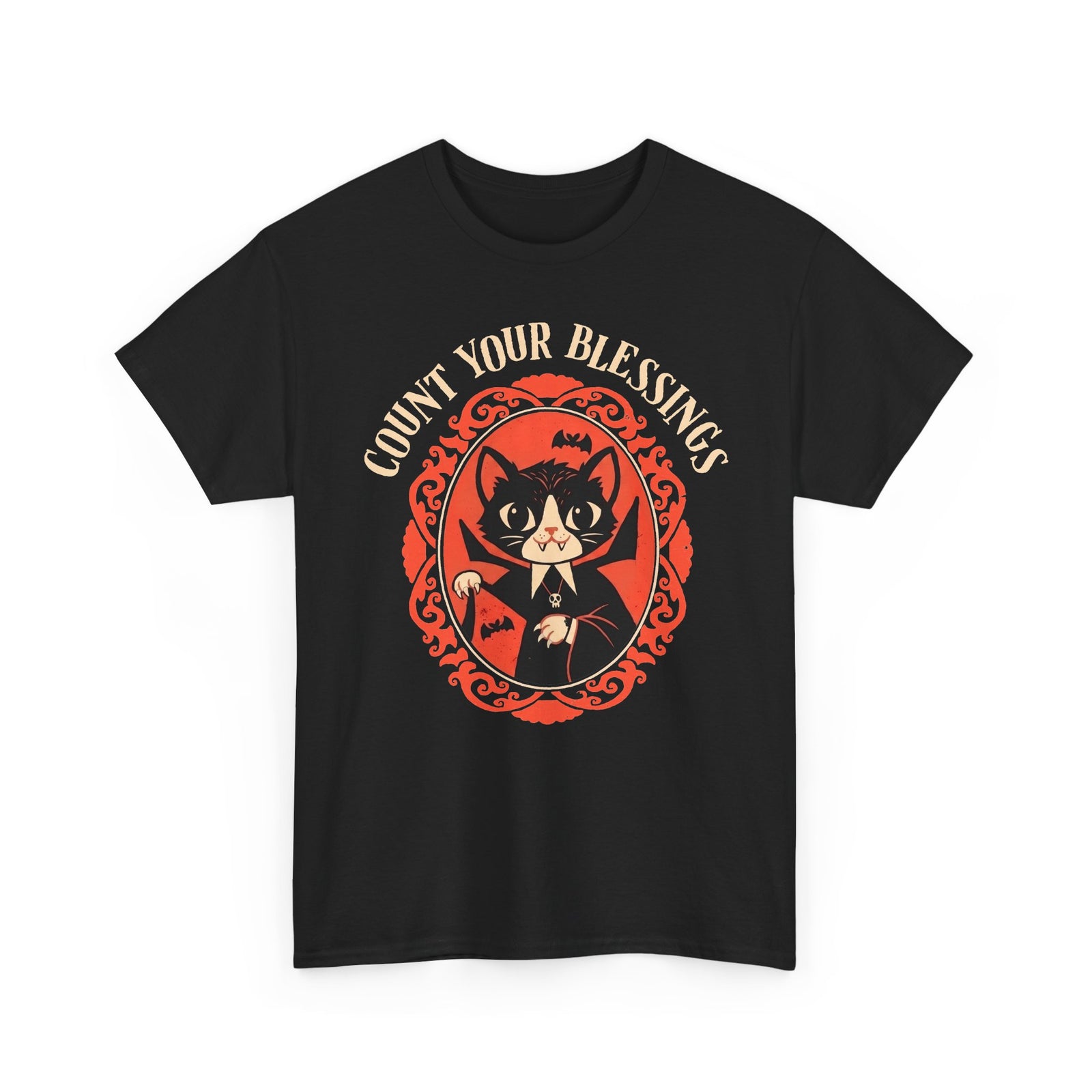 Count Your Blessings Vampire Cat — Funny Dracula Halloween Graphic Art