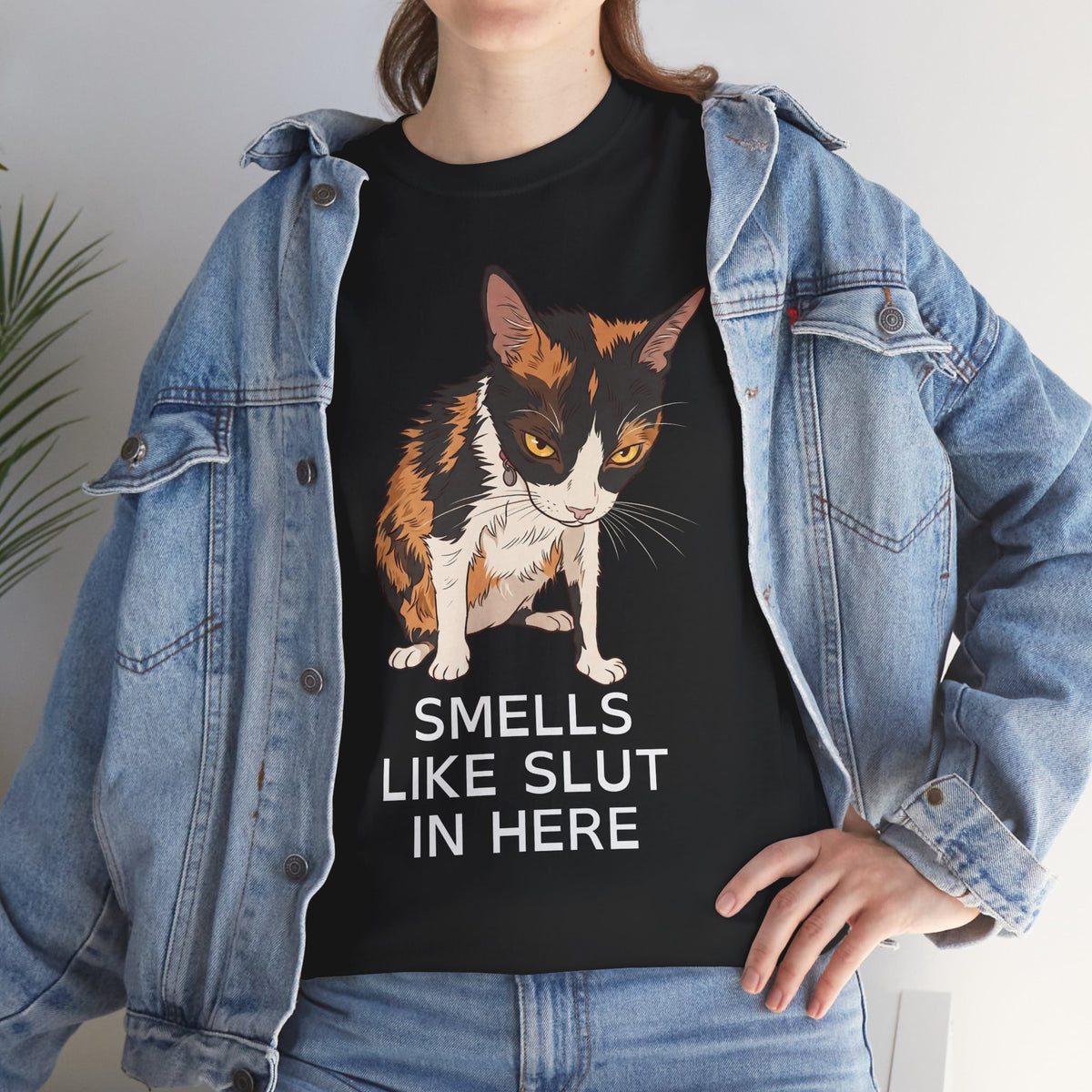 Smells Like Slut In Here T-Shirt — Funny Grumpy Calico Cat Meme Tee