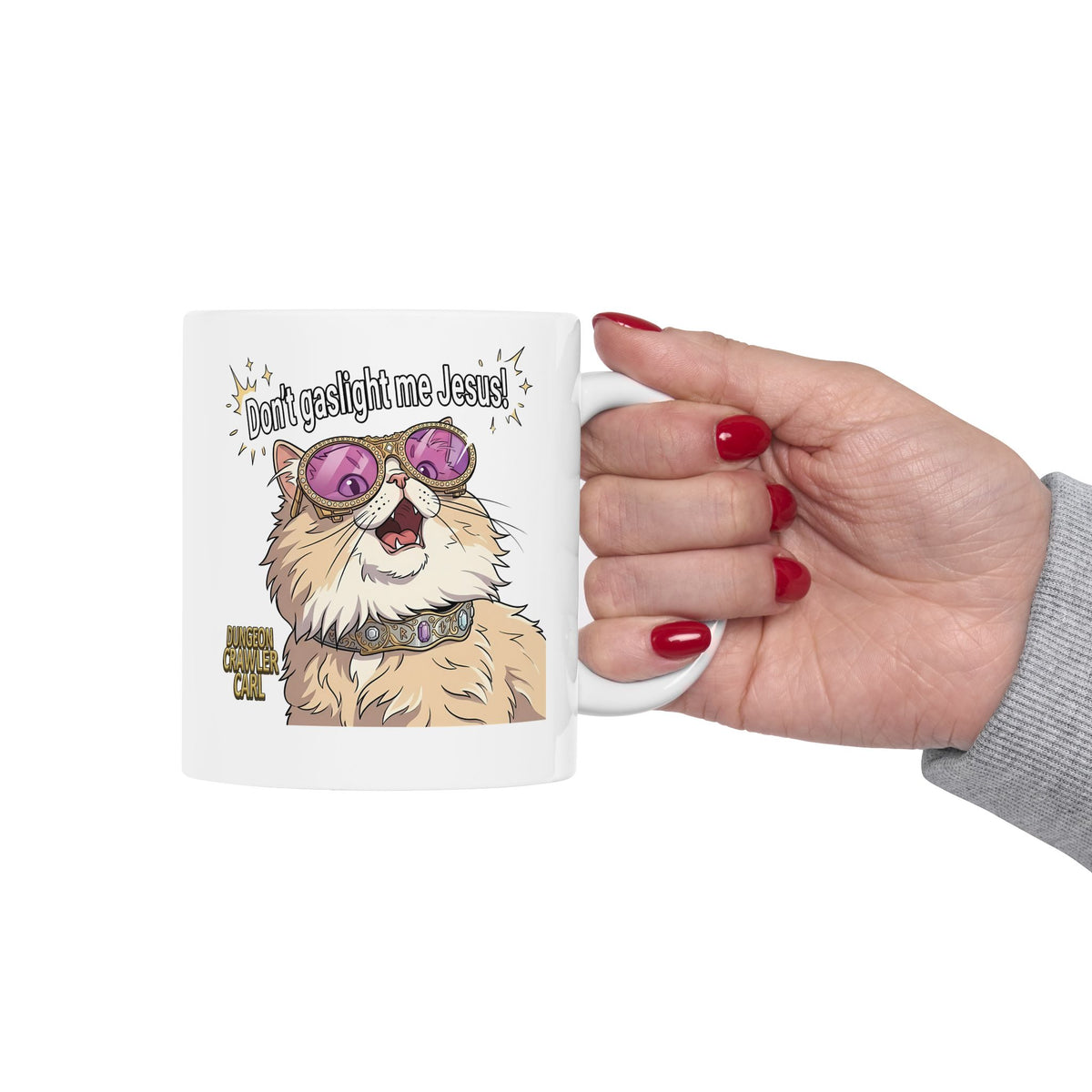 Don't Gaslight Me Jesus — Funny Cat Dungeon Crawler Mug