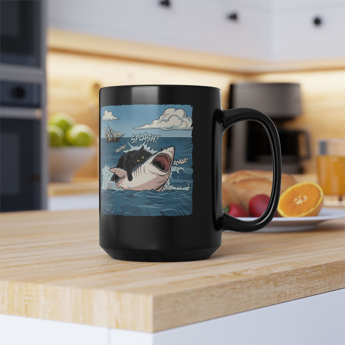 Black Cat Vs White Shark Black Mug — Funny Comic Book Ocean Battle Mug
