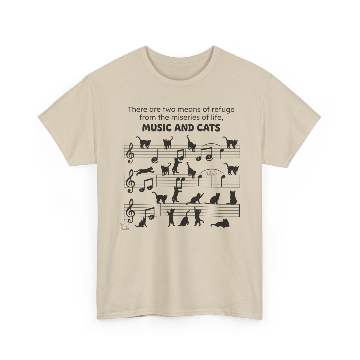 Music and Cats T-Shirt — Graphic Tee with Musical Score and Cat Silhouettes