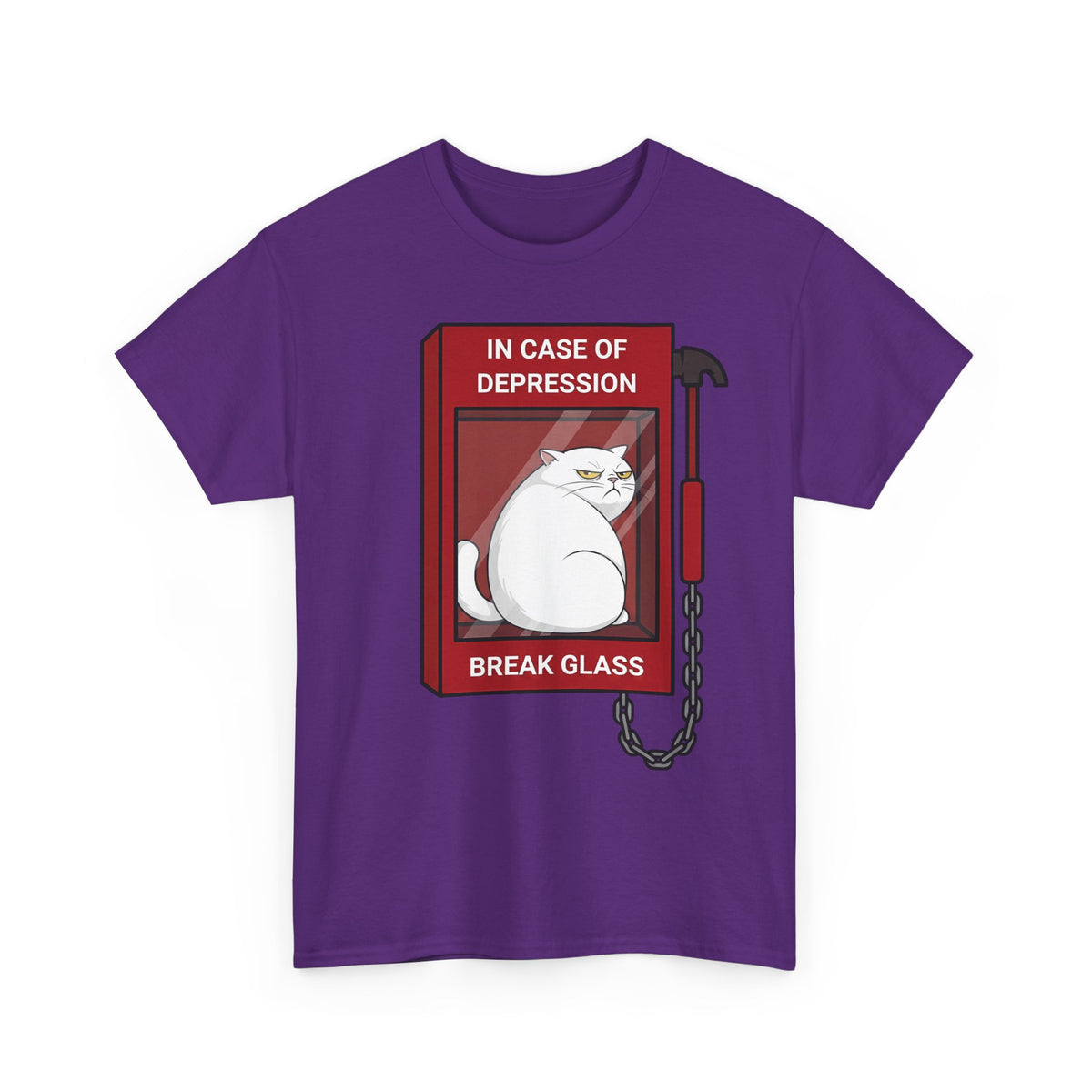 In Case Of Depression Break Glass T-Shirt — Funny Grumpy White Cat Emergency Tee