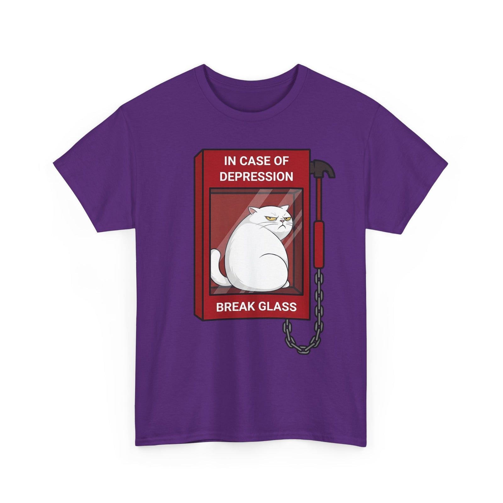 In Case Of Depression Break Glass T-Shirt — Funny Grumpy White Cat Emergency Tee
