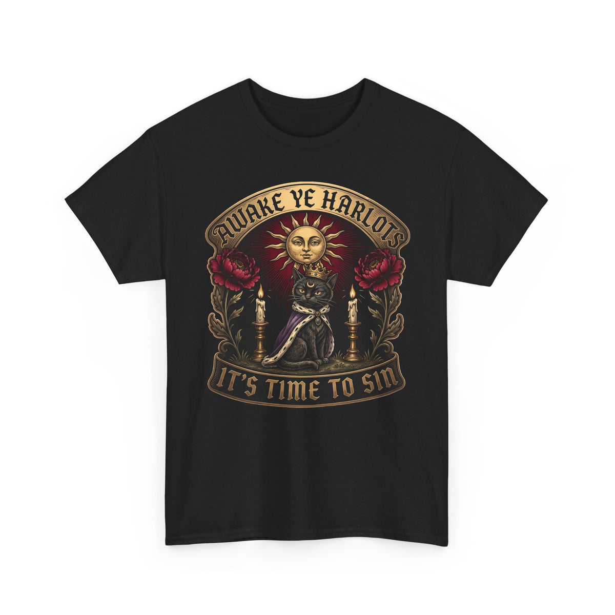 Awake Ye Harlots It's Time To Sin T-Shirt — Mystical Crowned Black Cat Tee
