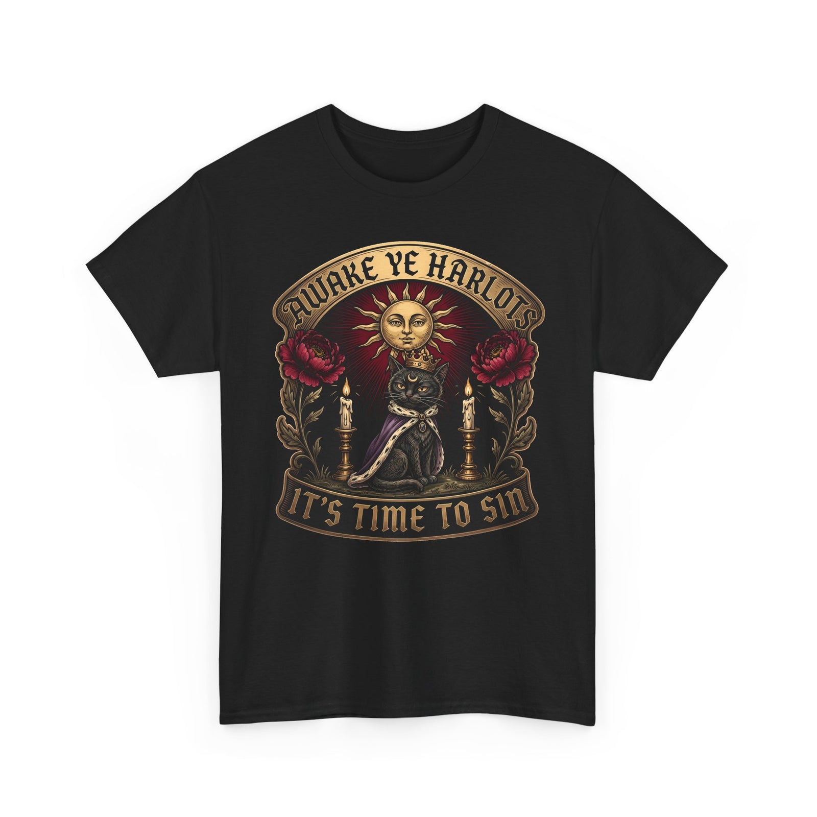 Awake Ye Harlots It's Time To Sin T-Shirt — Mystical Crowned Black Cat Tee