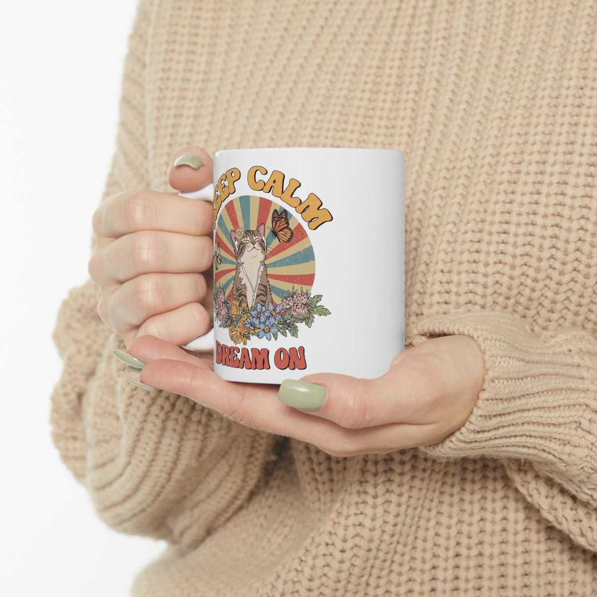 Keep Calm Dream On Cat Ceramic Mug — Retro 70s Hippie Feline Graphic
