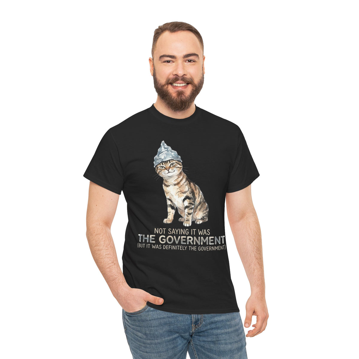 Conspiracy Cat T-Shirt — Funny Tin Foil Hat Cat Tee (“Not Saying It Was The Government”)