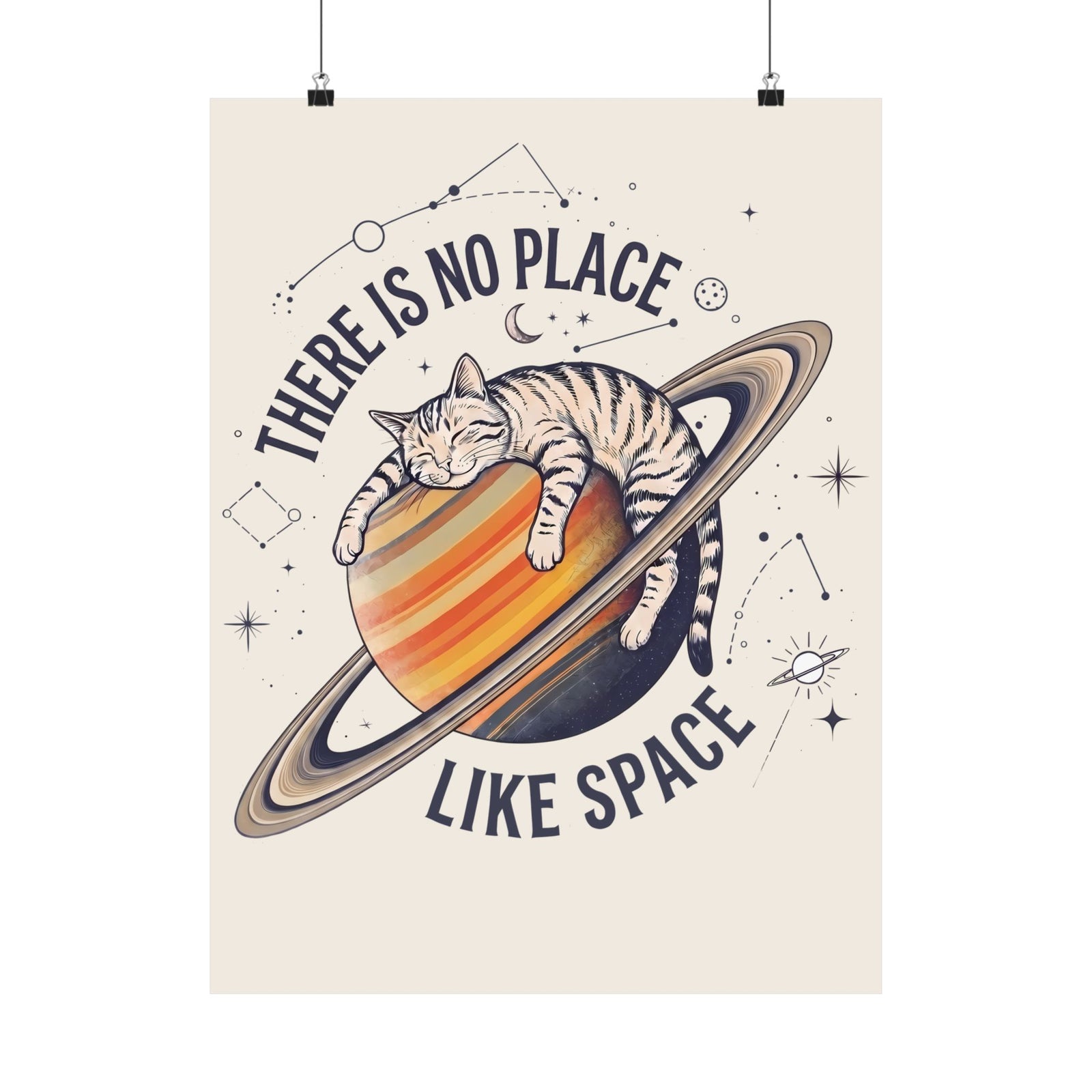 There Is No Place Like Space Poster — Funny Sleeping Cat Saturn Poster