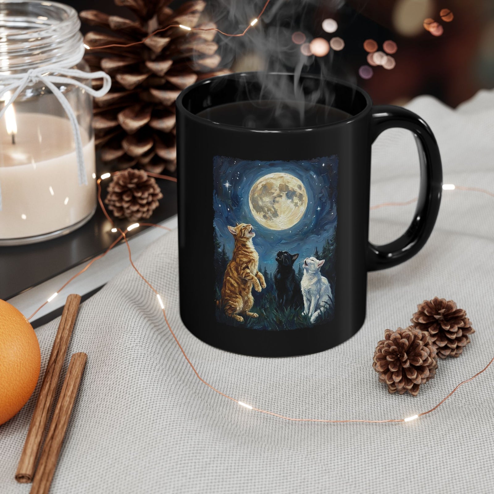 Cats Howling at the Moon Black Mug