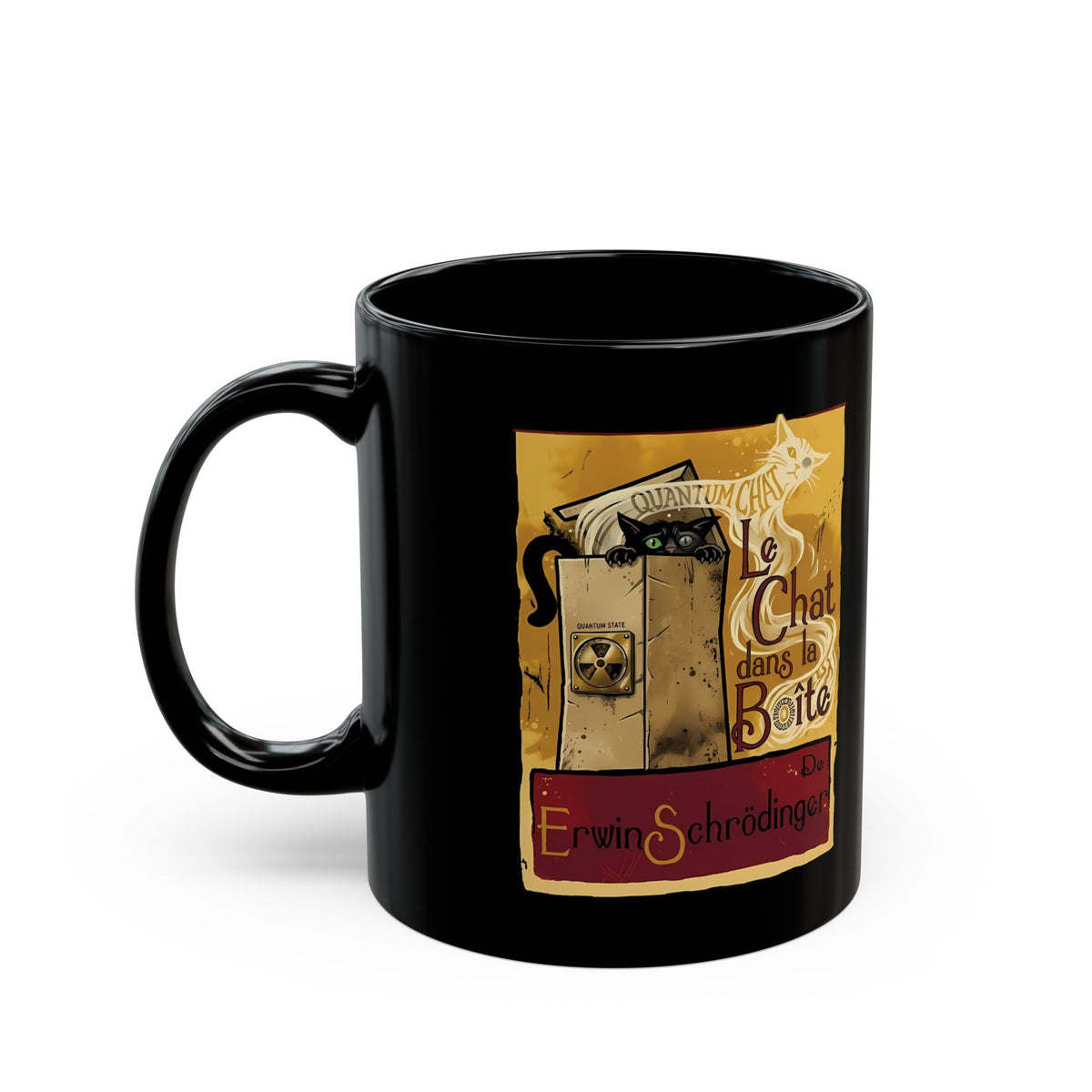 Le Chat dans la Boite Cat Black Mug — Cute French Cat Graphic Mug