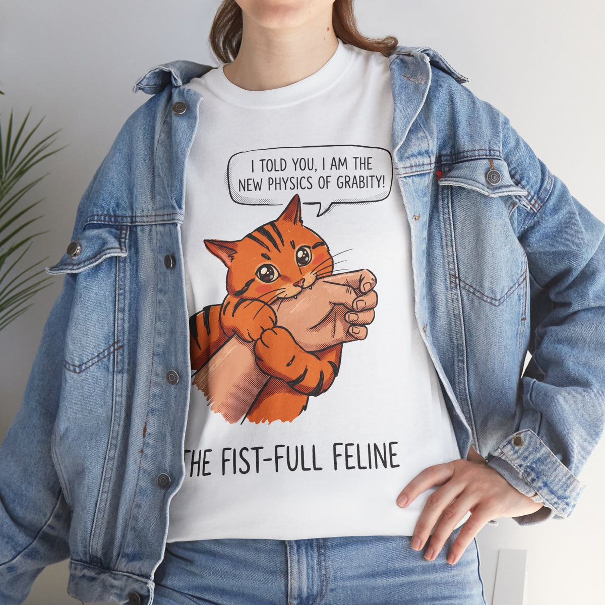 The New Physics Of Grabity T-Shirt — Funny Orange Cat Biting Hand Tee