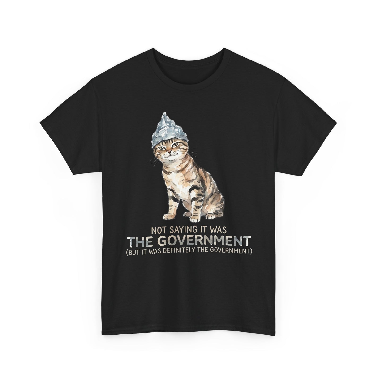 Conspiracy Cat T-Shirt — Funny Tin Foil Hat Cat Tee (“Not Saying It Was The Government”)