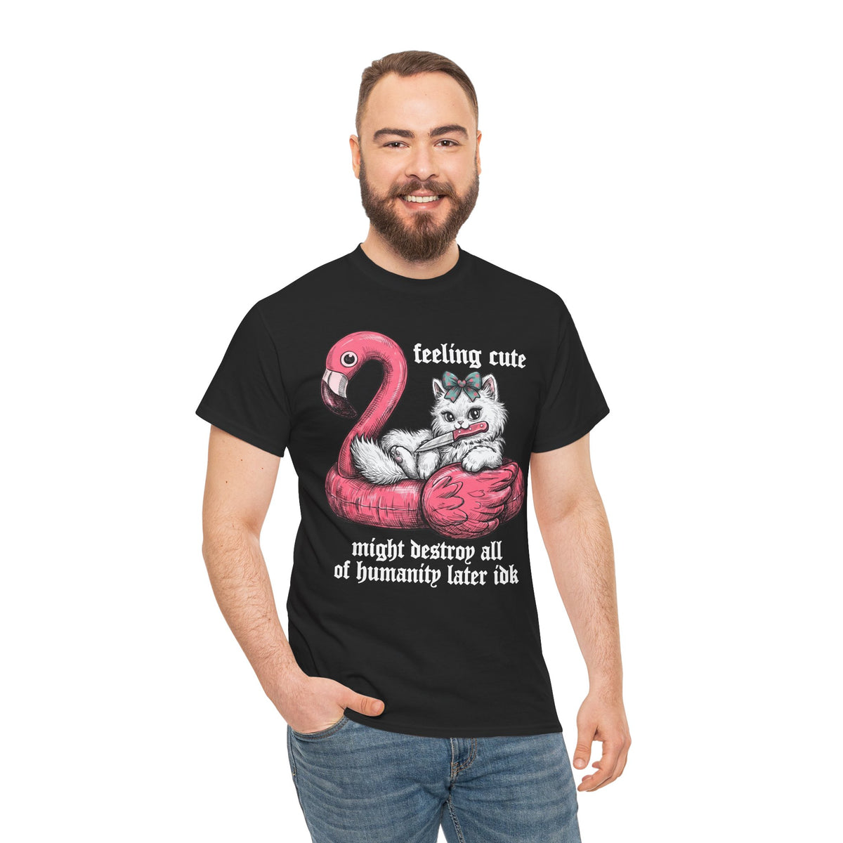 Feeling Cute Might Destroy Humanity T-Shirt — Creepy Cute Flamingo Knife Cat Tee