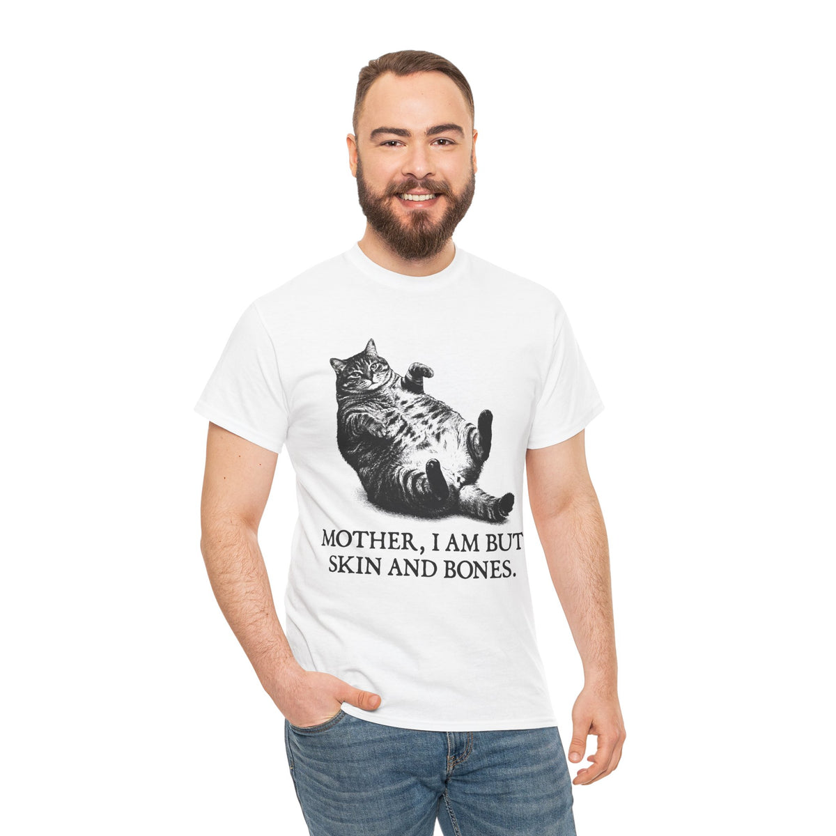 Skin And Bones Chonk Cat T-Shirt — Funny Dramatic Feline Graphic Tee