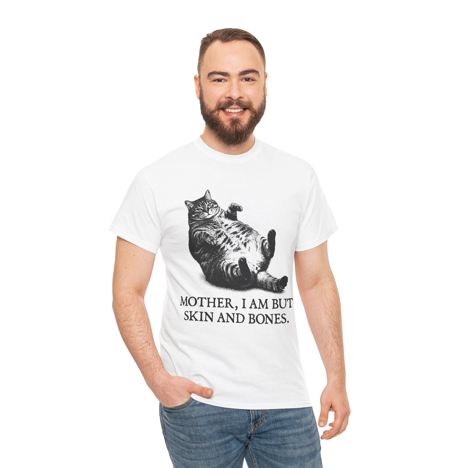 Skin And Bones Chonk Cat T-Shirt — Funny Dramatic Feline Graphic Tee