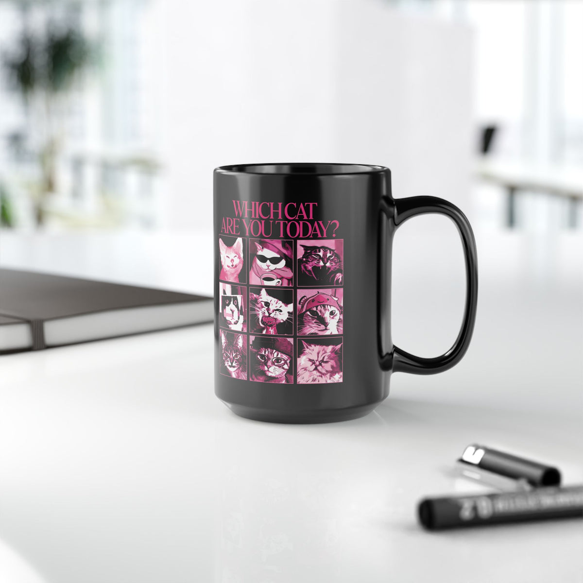 Cat Mood Chart Black Mug — Pink Pop Art Feline Expressions Graphic