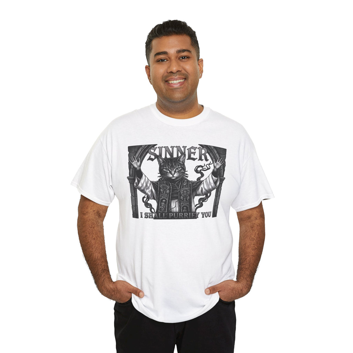 Sinner Shall I Purrify You Cat Tee — 'Purriest' Funny Gothic Cat Shirt