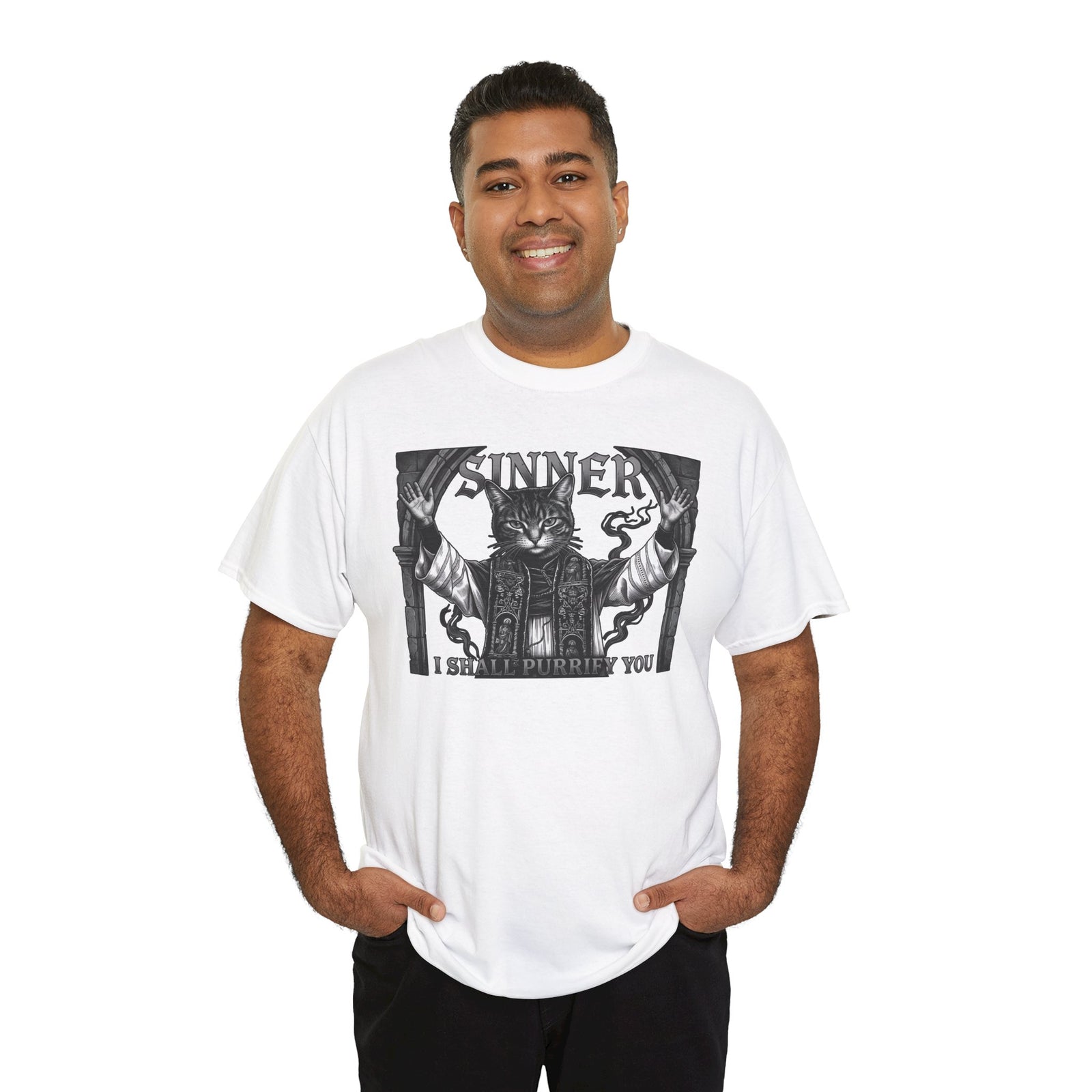 Sinner Shall I Purrify You Cat Tee — 'Purriest' Funny Gothic Cat Shirt