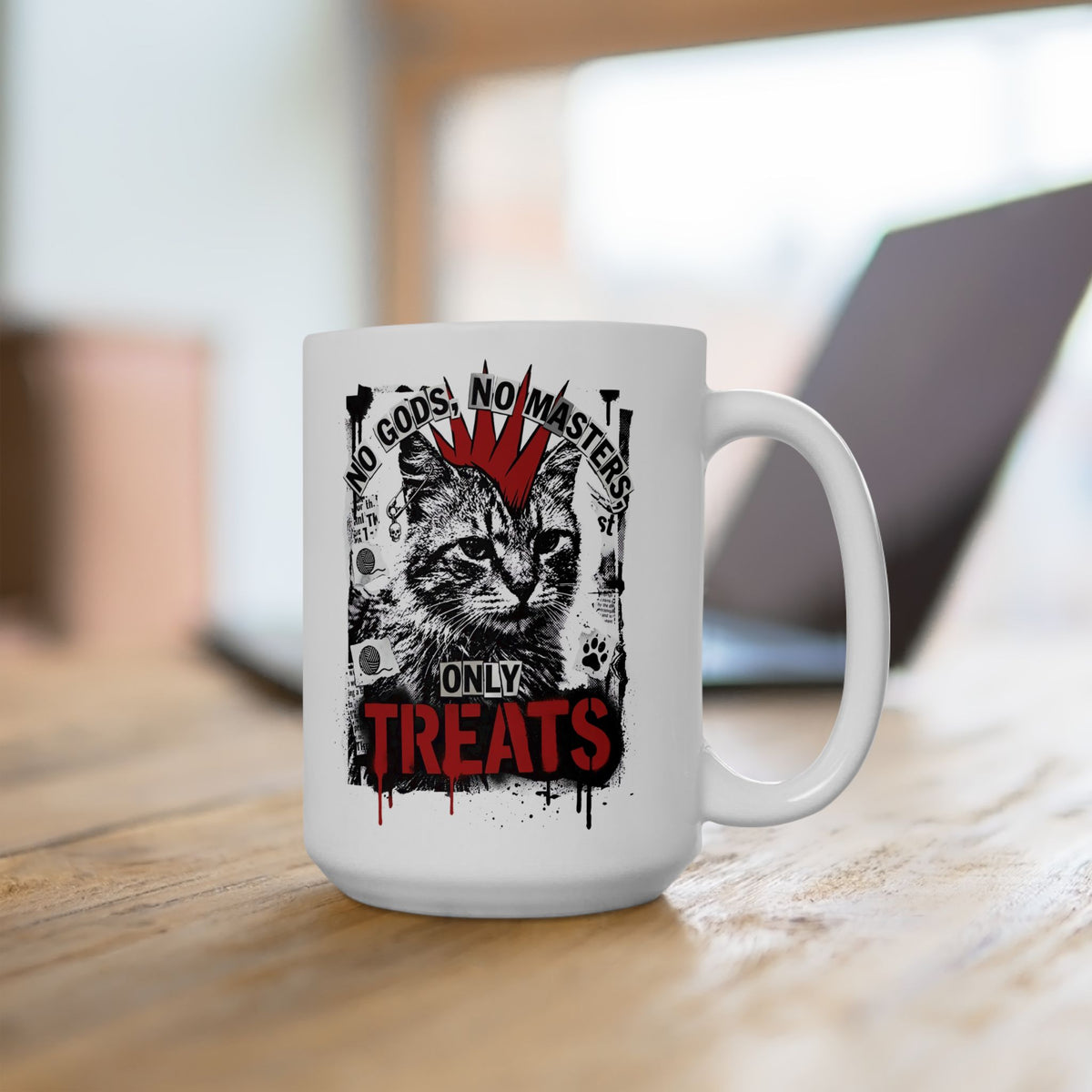 Punk Cat Mug — “No Gods No Masters, Only Treat” Graphic Ceramic Mug