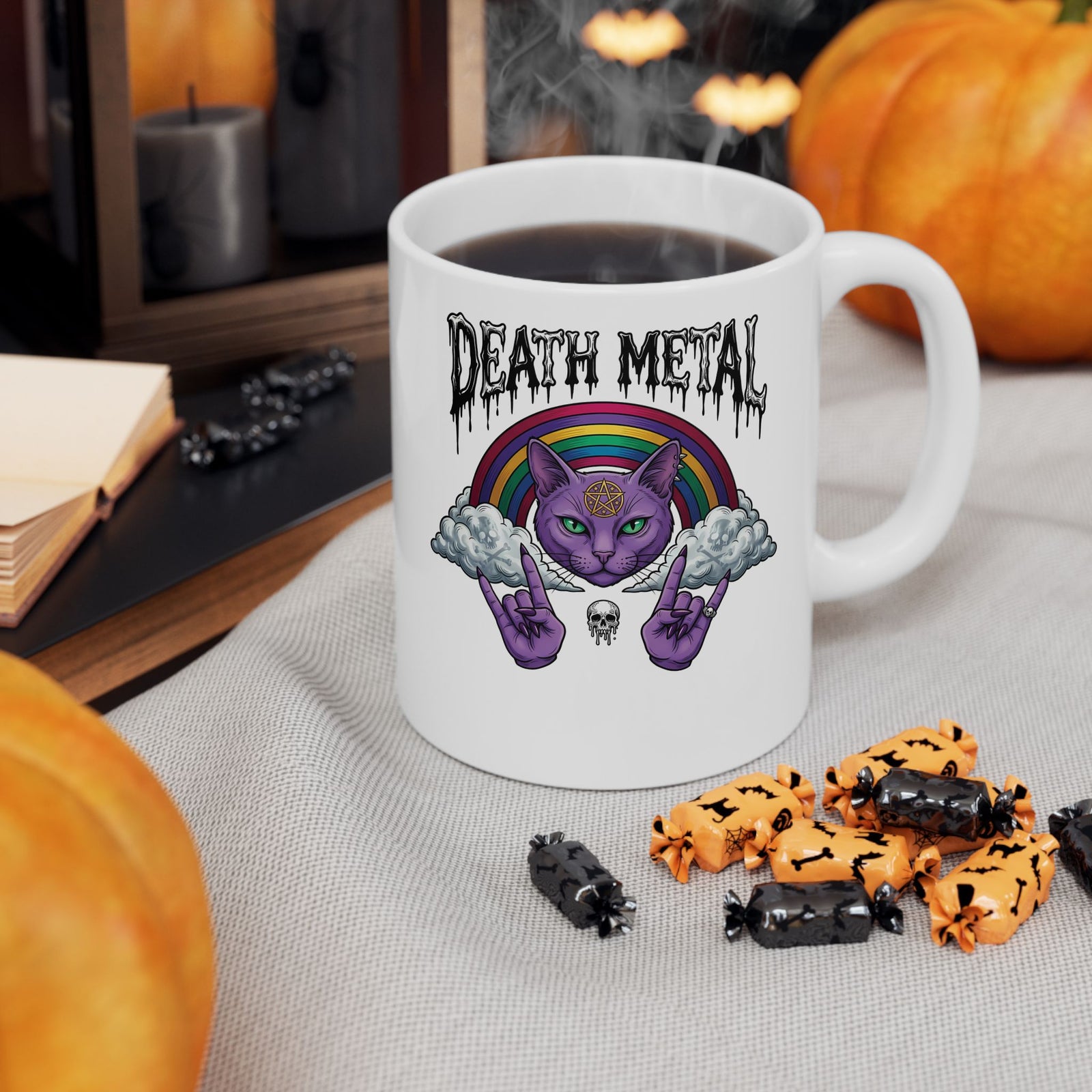 Death Metal Cat Ceramic Mug — Gothic Black Cat Mug for Metal Fans