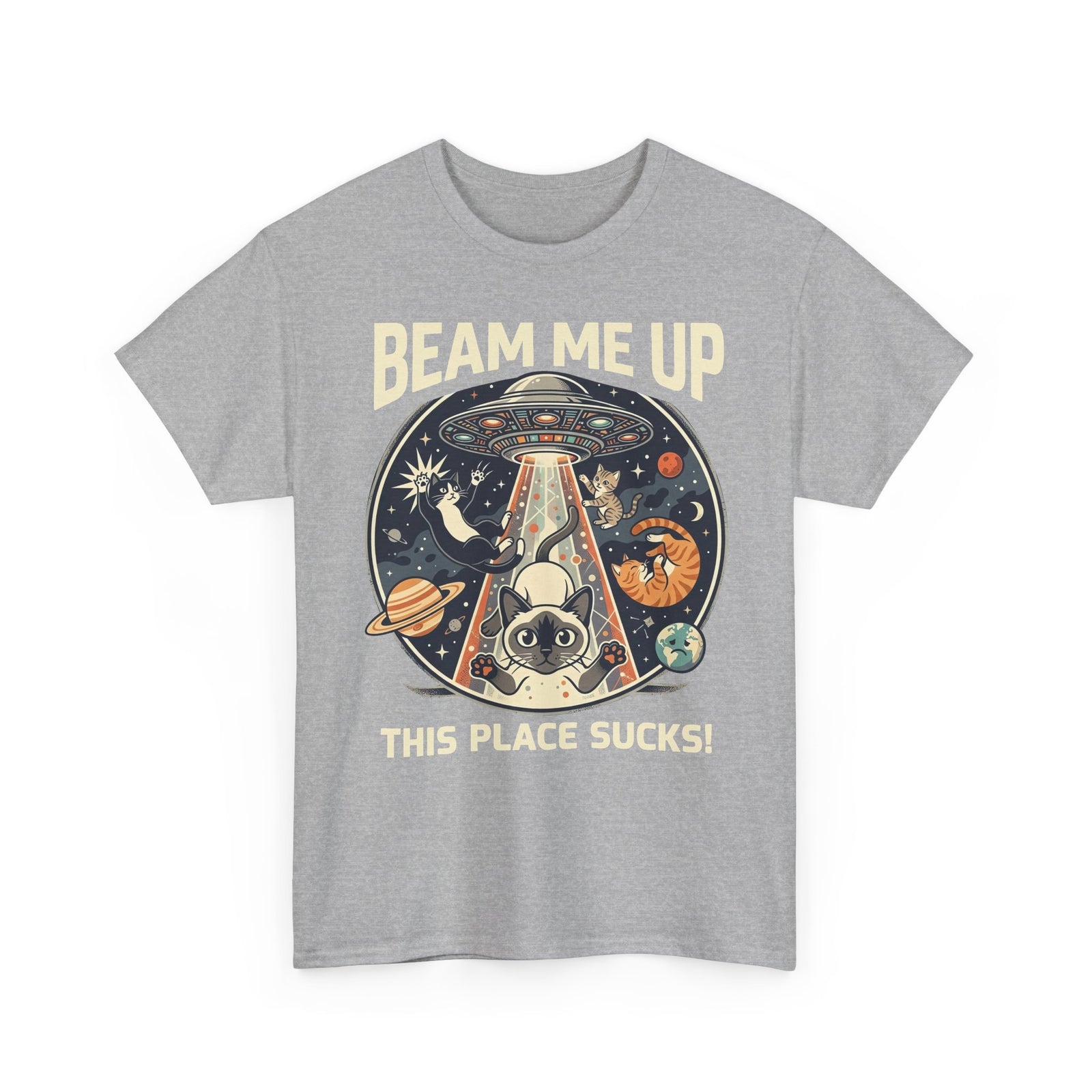 Cat UFO T-Shirt – "Beam Me Up, This Place Sucks" Retro Space Tee