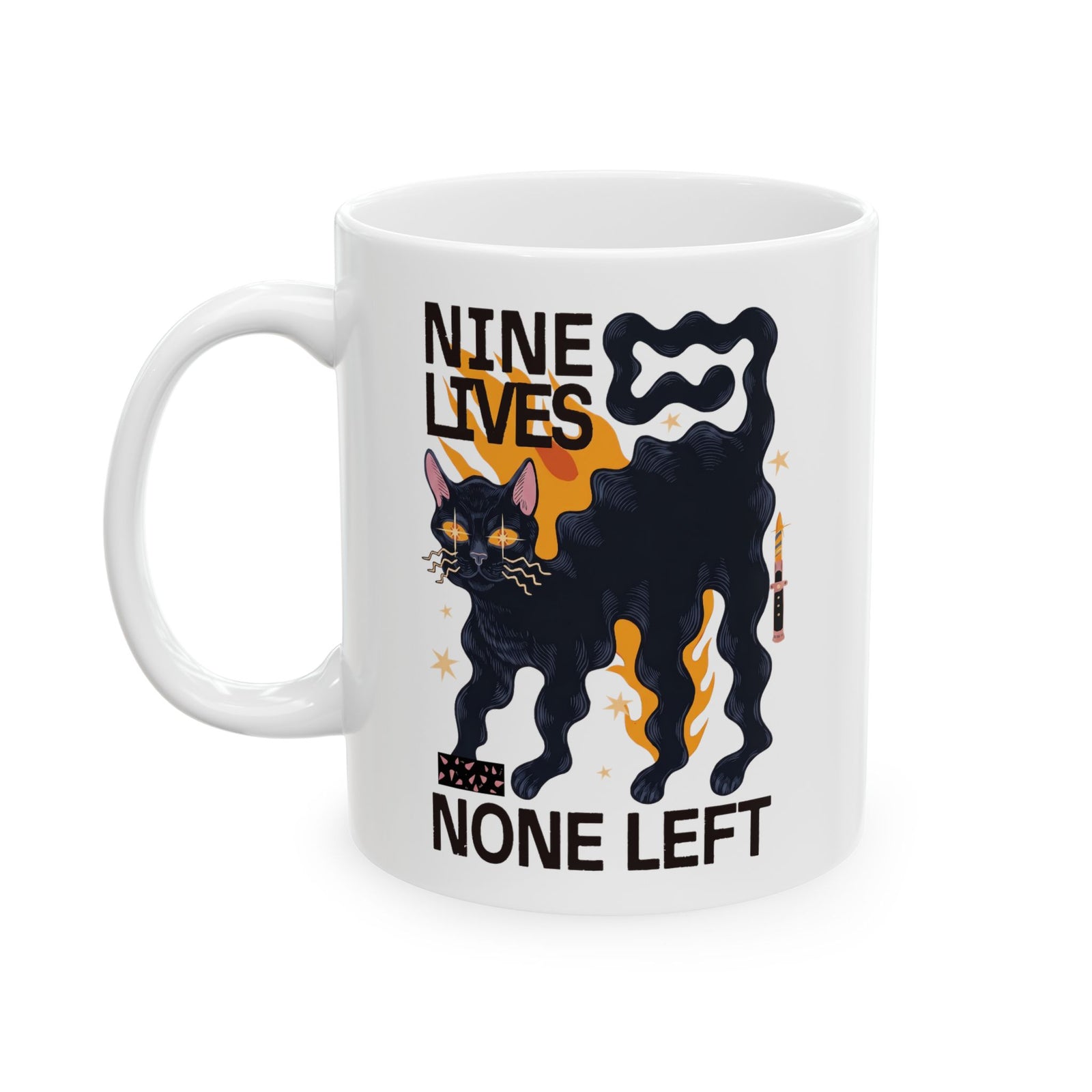 Nine Lives None Left Ceramic Mug — Edgy Spooky Black Cat Graphic Mug