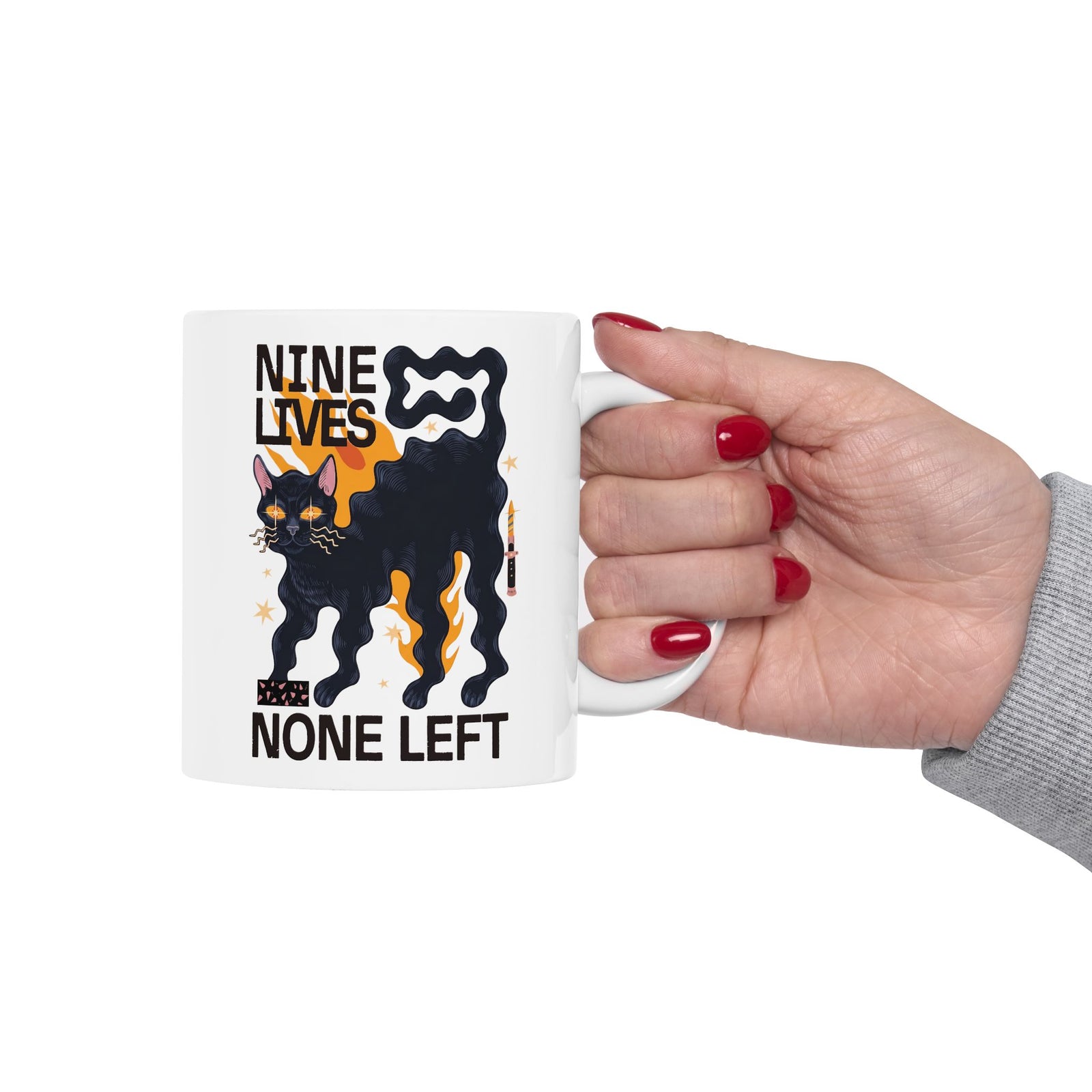 Nine Lives None Left Ceramic Mug — Edgy Spooky Black Cat Graphic Mug