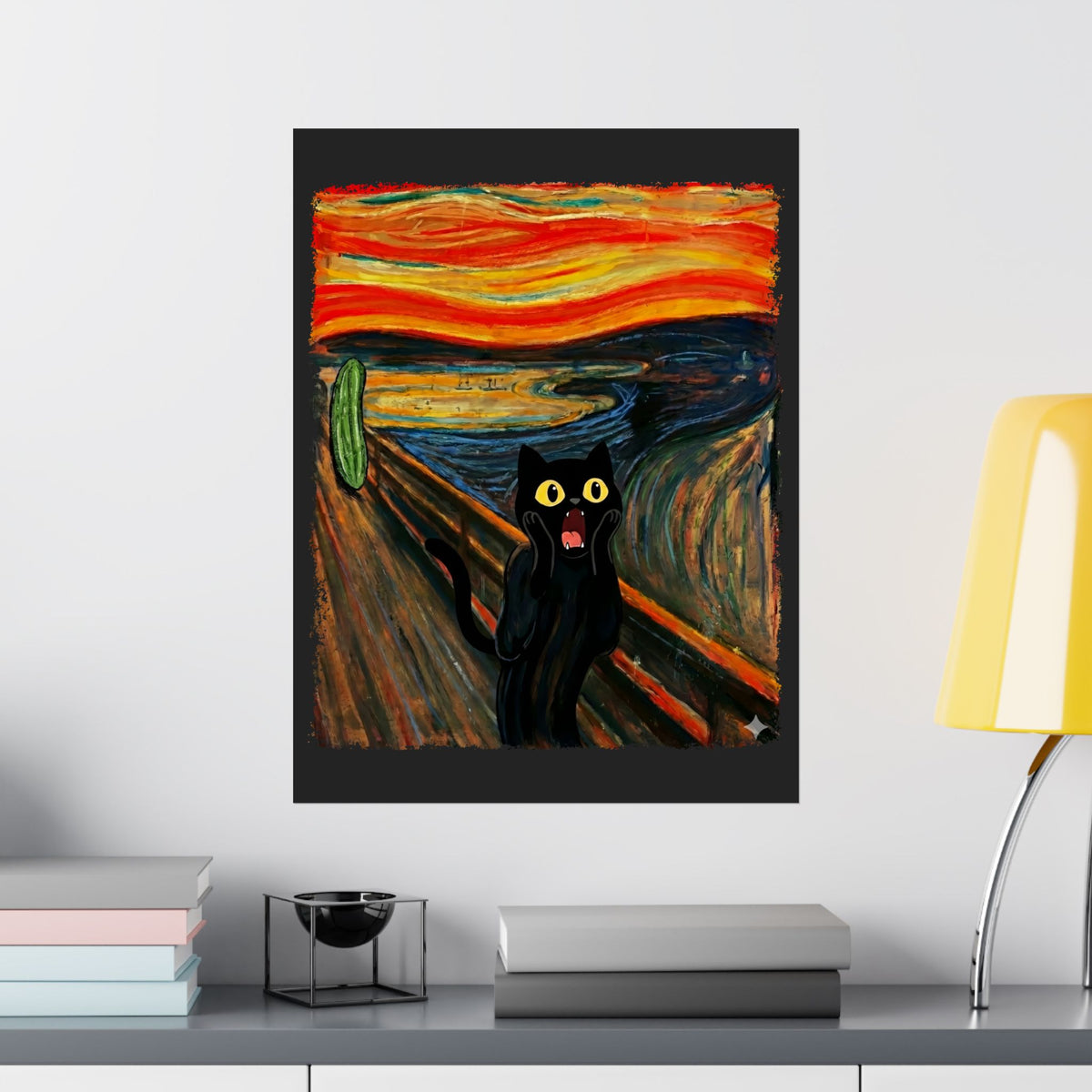 Black Cat Scream Poster — Cats Scared by Cucumbers Graphic Poster